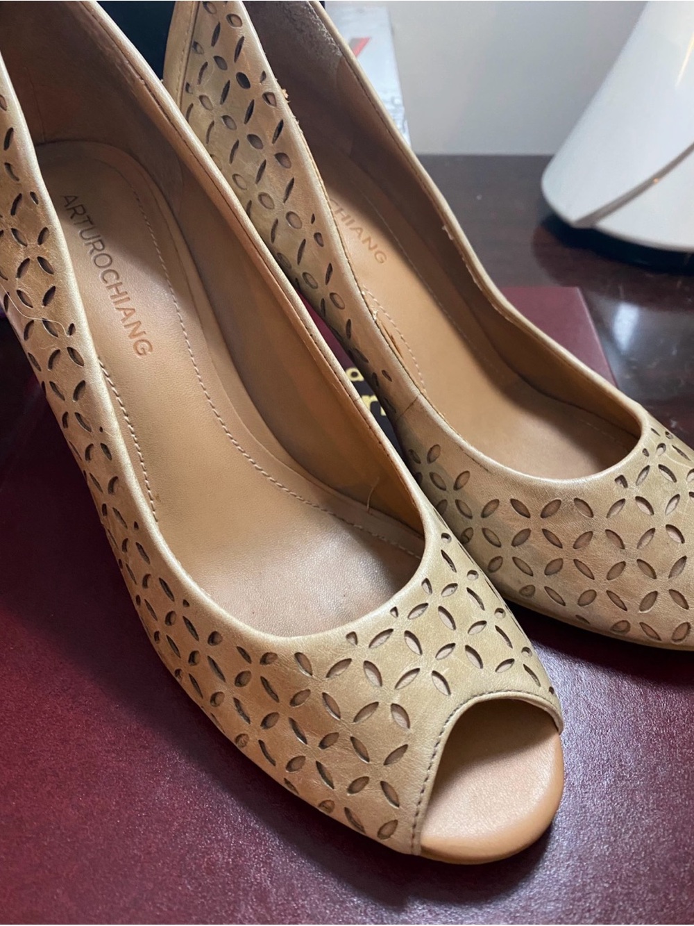 Arturo Chiang Beige Laser-Cut Peep-Toe Heels